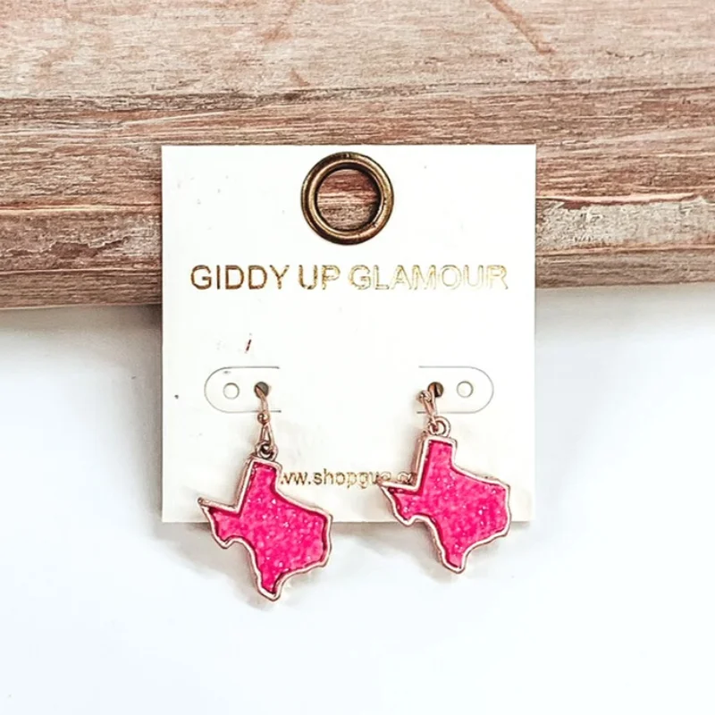 Women’s engraved hoop earrings-Druzy Texas Shaped Dangle Earrings in Neon Pink