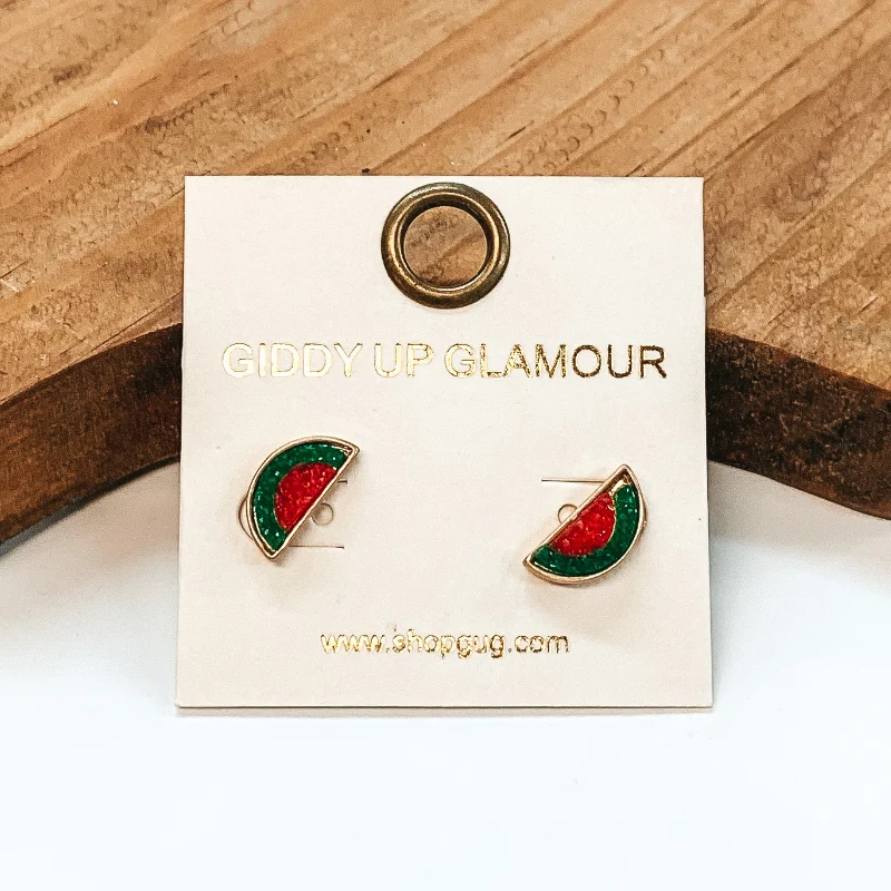 Women’s dangle earrings-Summer Feelings Watermelon Druzy Post Back Earrings in Green and Red