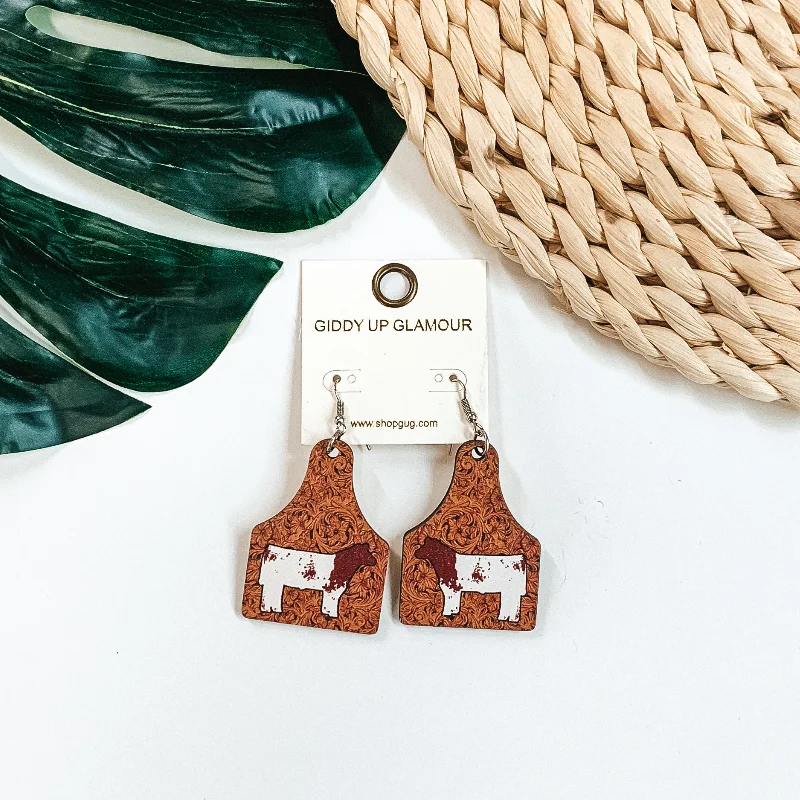 Women’s vintage-inspired earrings-Wooden Cattle Tag in Tooled Leather