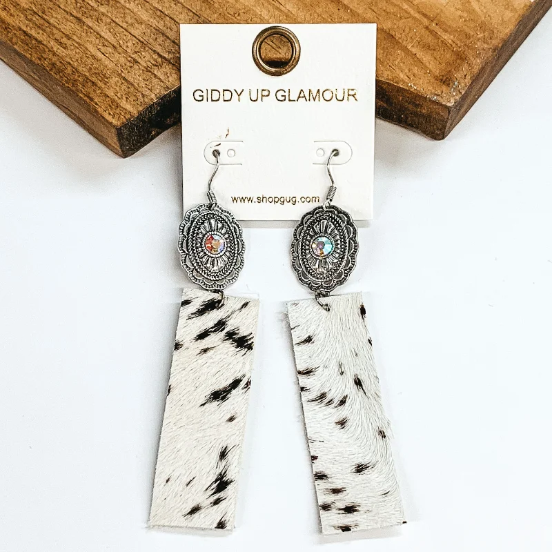 Women’s hand-crafted earrings-Silver Concho Earrings with Faux Cow Hide in Black/White