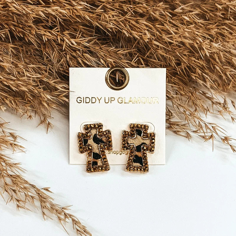 Women’s glamorous earrings-Staying Neutral Cross Studs in Leopard Print with Bronze Beaded Outline