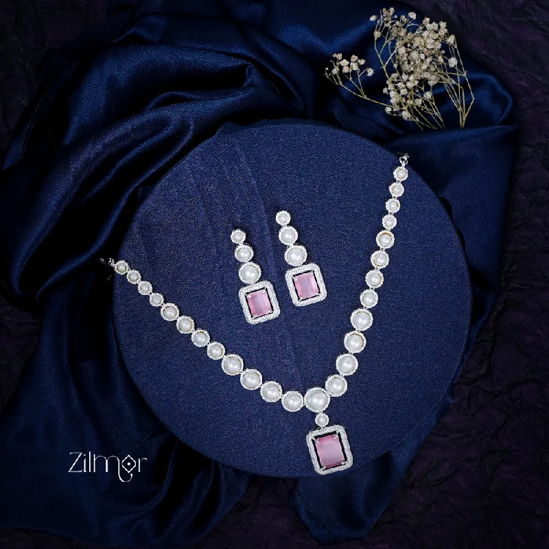 Women’s custom earrings-KM101360 - Pearl with AD Stone Pendant Necklace Earrings Set