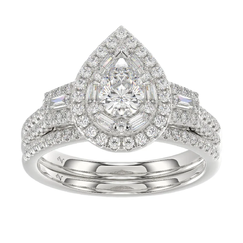 Women’s antique diamond ring-LADIES BIRDAL RING 1.50CT ROUND/BAGUETTE/PEAR DIAMOND 14K WHITE GOLD (SI QUALITY) (CENTER STONE 0.75CT PEAR DIAMOND)