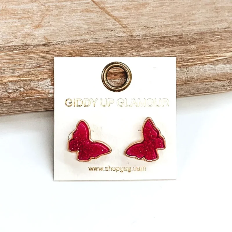 Women’s vintage earrings-Druzy Butterfly Post Back Earrings in Fuchsia