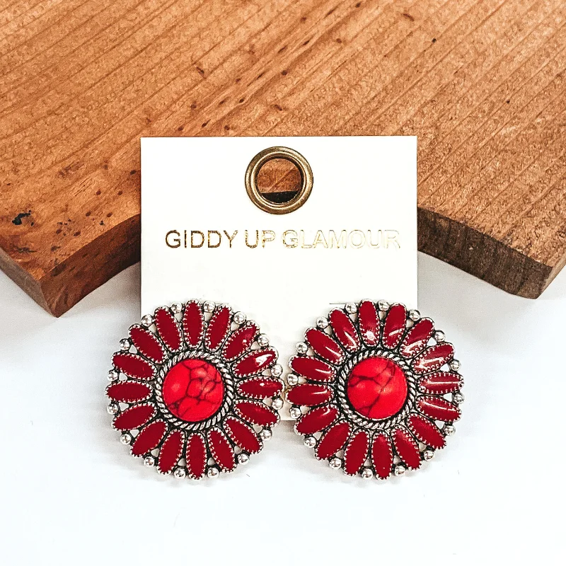 Women’s vintage earrings-Circle Concho Cluster Epoxy Stud Earrings in Red