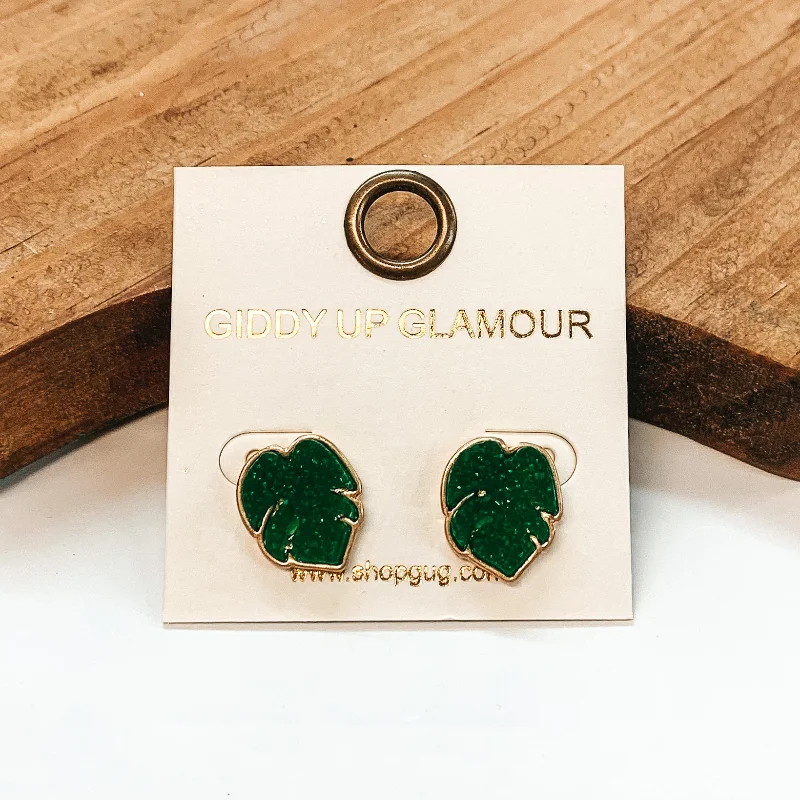 Women’s statement earrings-Coastal Vibes Palm Leaf Druzy Post Back Earrings in Green