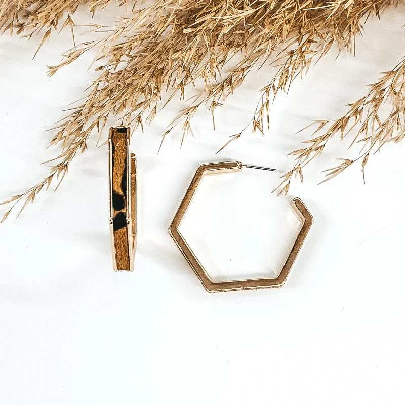 Women’s elegant earrings-Gold Hexagon Hoops with Cow Hide Inlay in Brown Leopard