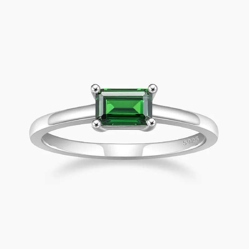 Women’s engagement ring with emerald-Baguette Birthstone Ring in Sterling Silver