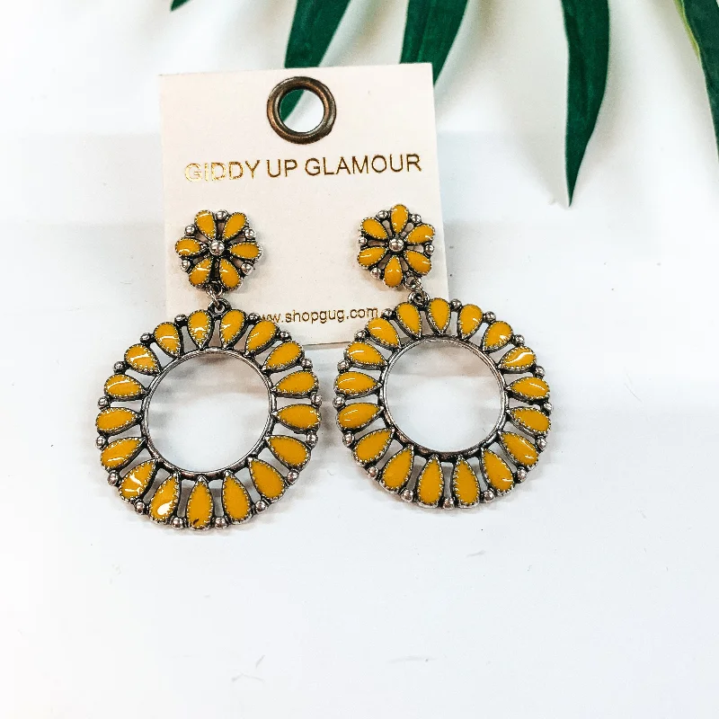 Women’s floral earrings-Circle Cluster Post Earrings with Circle Cluster Outline Drop in Yellow