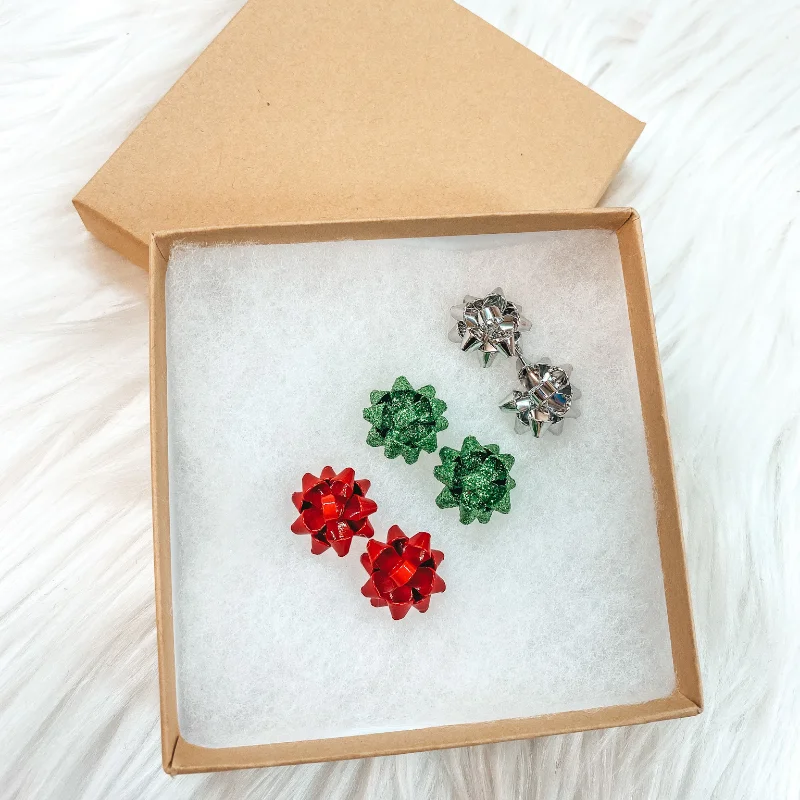 Women’s gemstone earrings-Holiday Special | Set of 3 Gift Bow Stud Earrings in Silver, Red, and Green in Gift Box