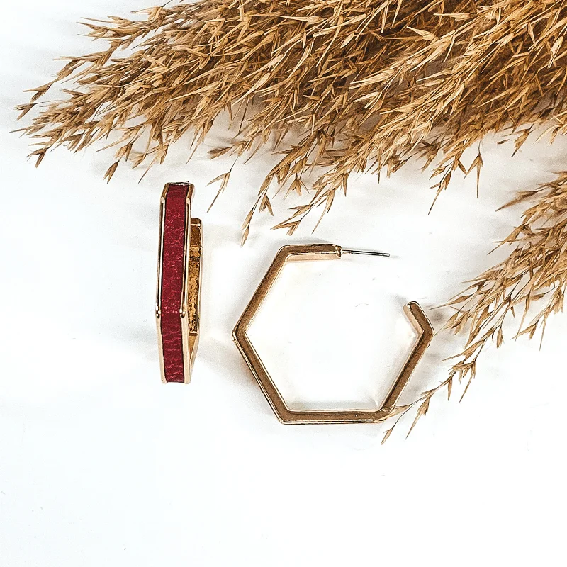 Women’s bridal hoop earrings-Gold Hexagon Hoops with Leather Inlay in Red