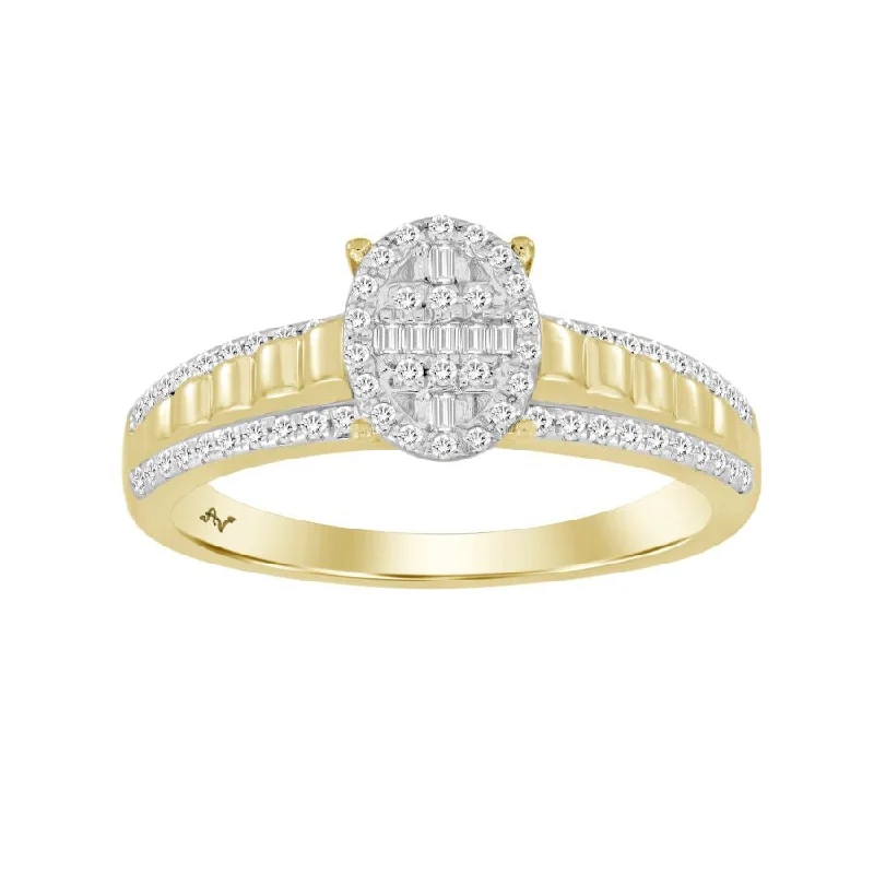 Women’s custom gemstone ring-LADIES RING 0.25CT ROUND/BAGUETTE DIAMOND 10K YELLOW GOLD