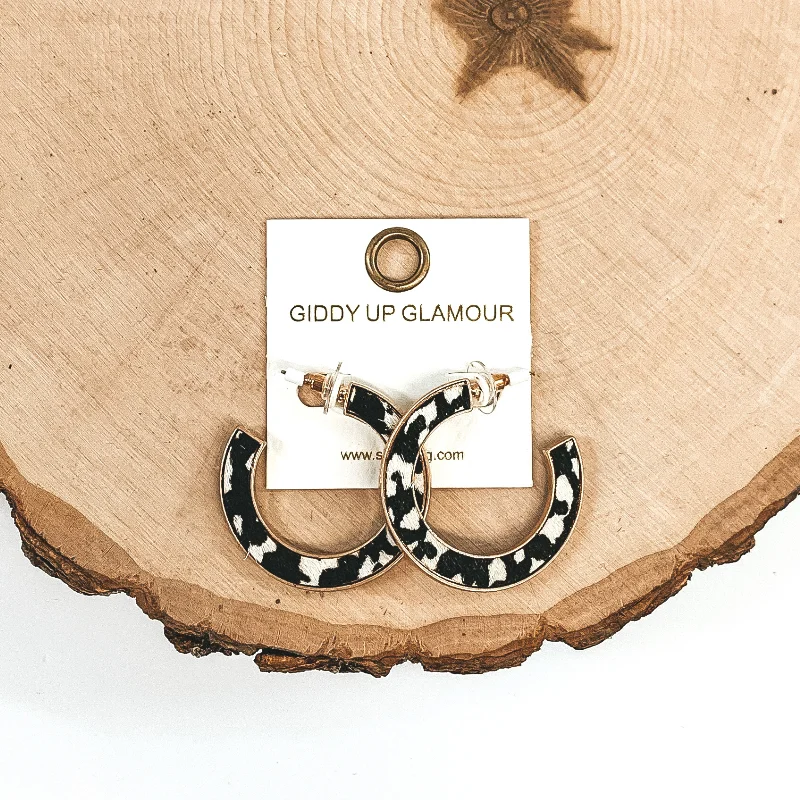 Women’s multi-stone earrings-Animal Print Gold Hoops in Black/White