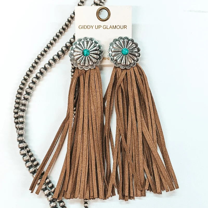 Women’s luxurious hoop earrings-Silver Concho and Center Turquoise Stone Post Earrings with Faux Leather Tassels in Brown