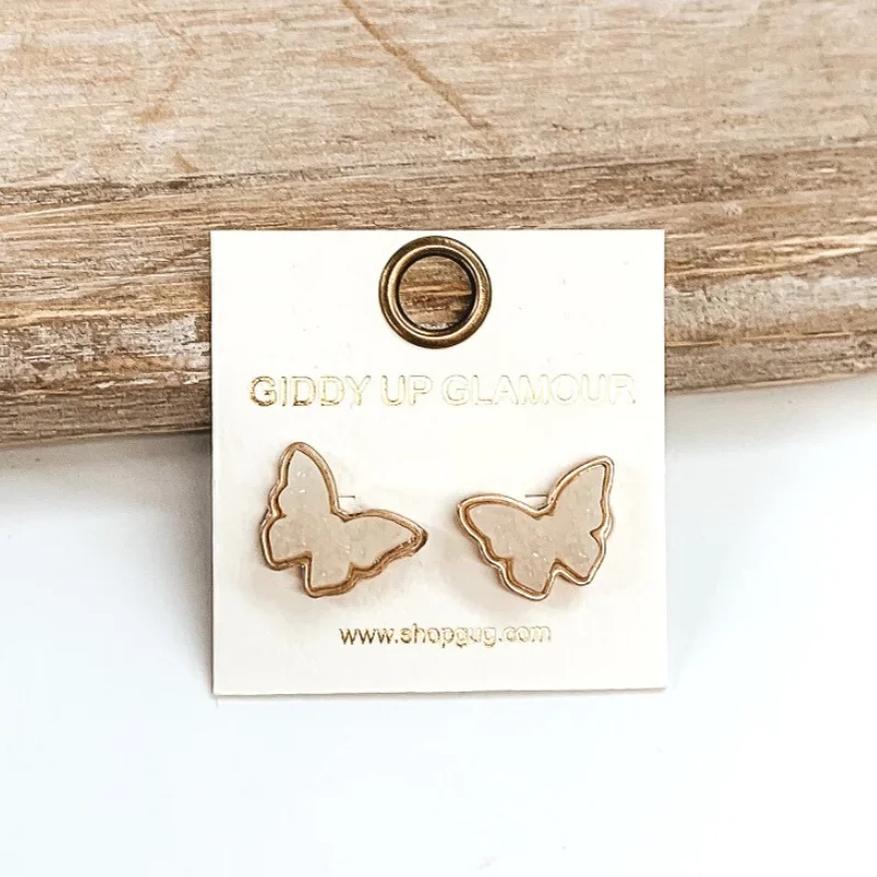 Women’s wedding earrings-Druzy Butterfly Post Back Earrings in White