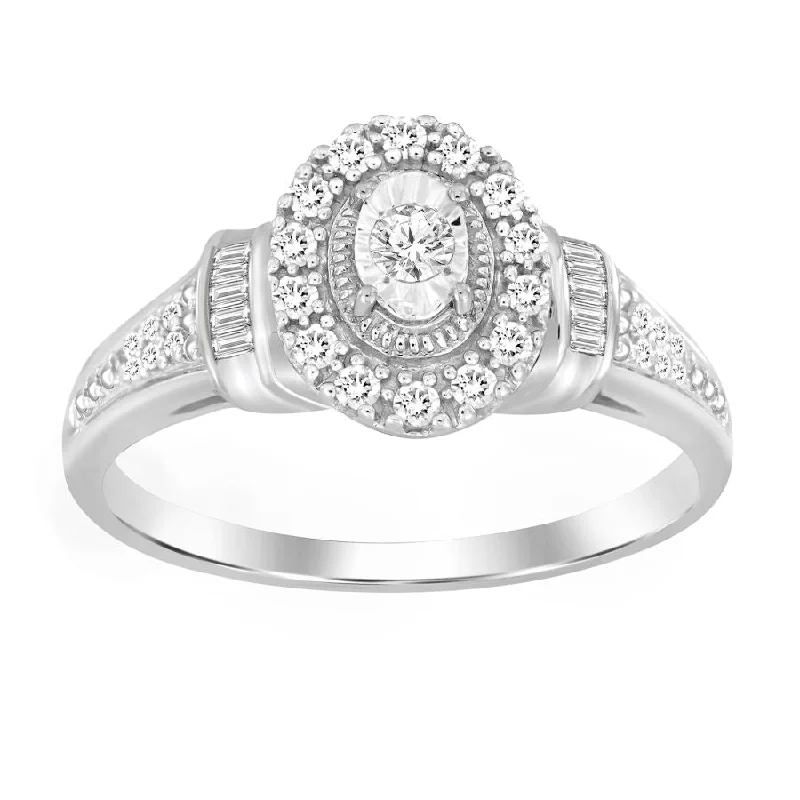 Women’s gemstone wedding ring-LADIES RING 0.25CT ROUND/BAGUETTE DIAMOND 10K WHITE GOLD