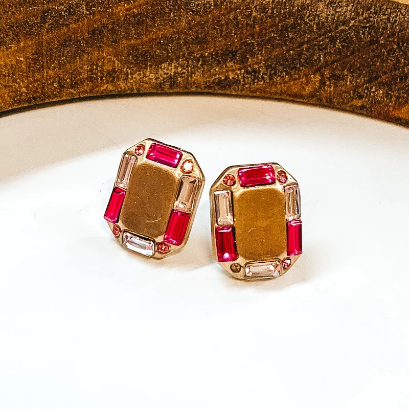 Women’s chic earrings-Made For Royalty Gold Rectangular Studded Earrings in Pink