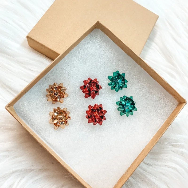 Women’s luxury earrings-Holiday Special | Set of 3 Gift Bow Stud Earrings in Gold, Red, and Green in Gift Box