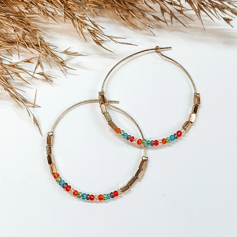 Women’s gemstone hoop earrings-Circle Drop Beaded Earrings with Gold Beads in Multicolor