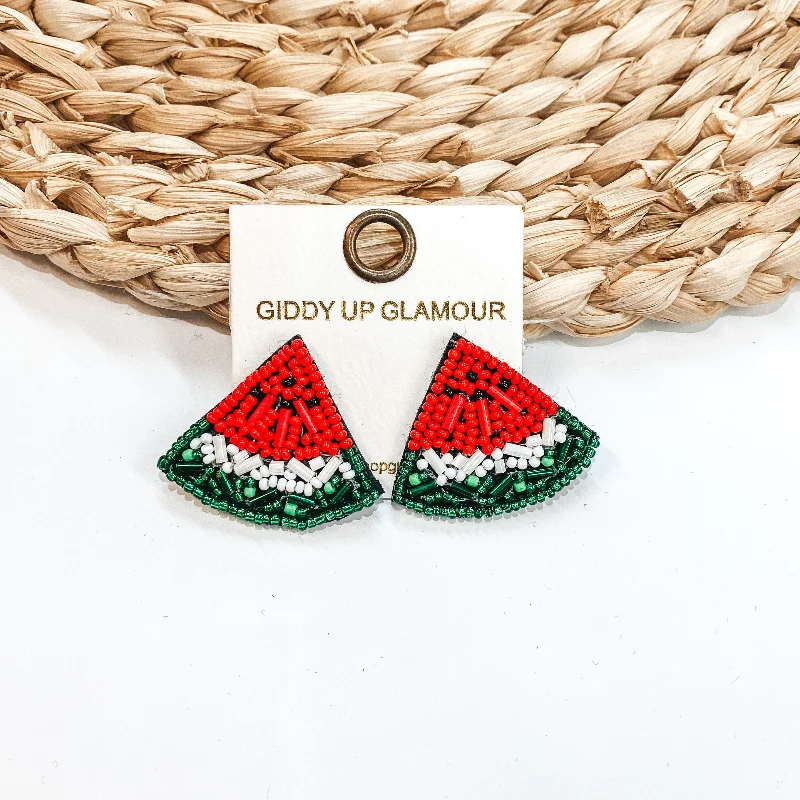 Women’s pearl drop earrings-Watermelon Sugar Beaded Post Earrings in Red, White, and Green