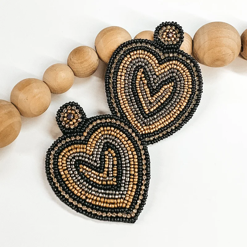 Women’s festive earrings-Beaded Heart Post Earrings in Black and Gold