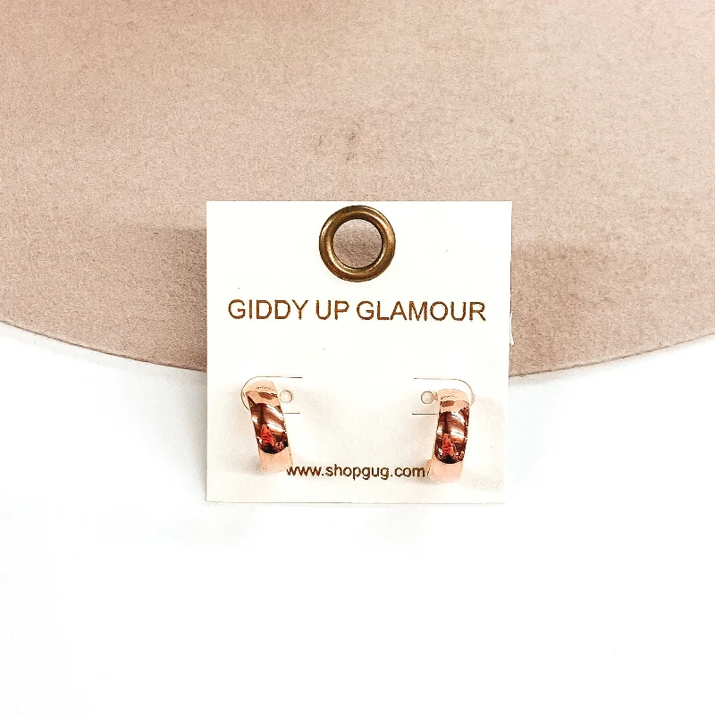 Women’s engraved hoop earrings-Curved Hoop Huggie Earrings in Rose Gold Tone