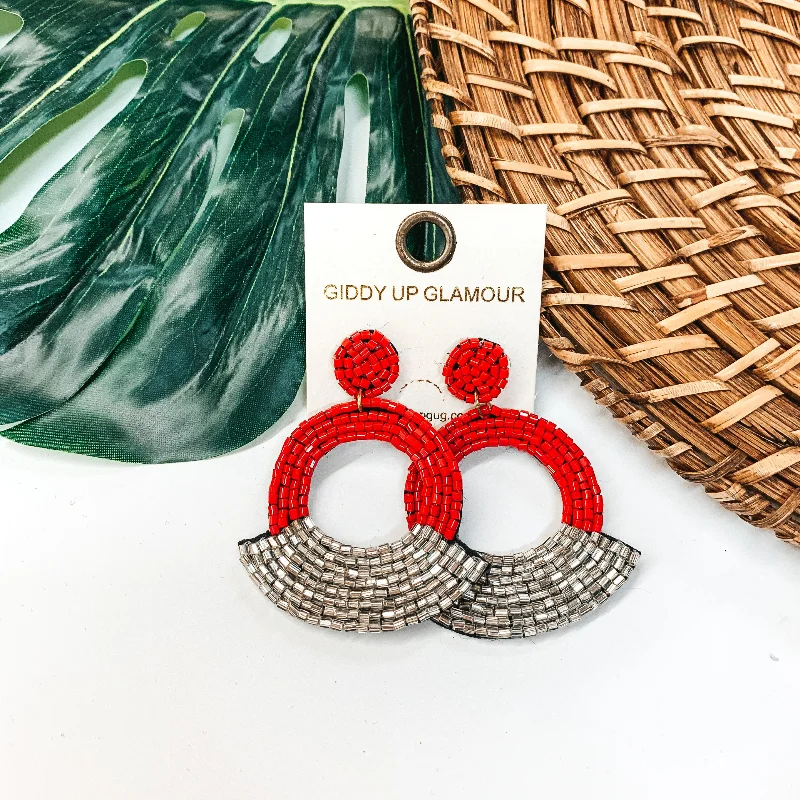 Women’s round diamond earrings-Seed Beaded Fan Post Earrings in Red and Silver