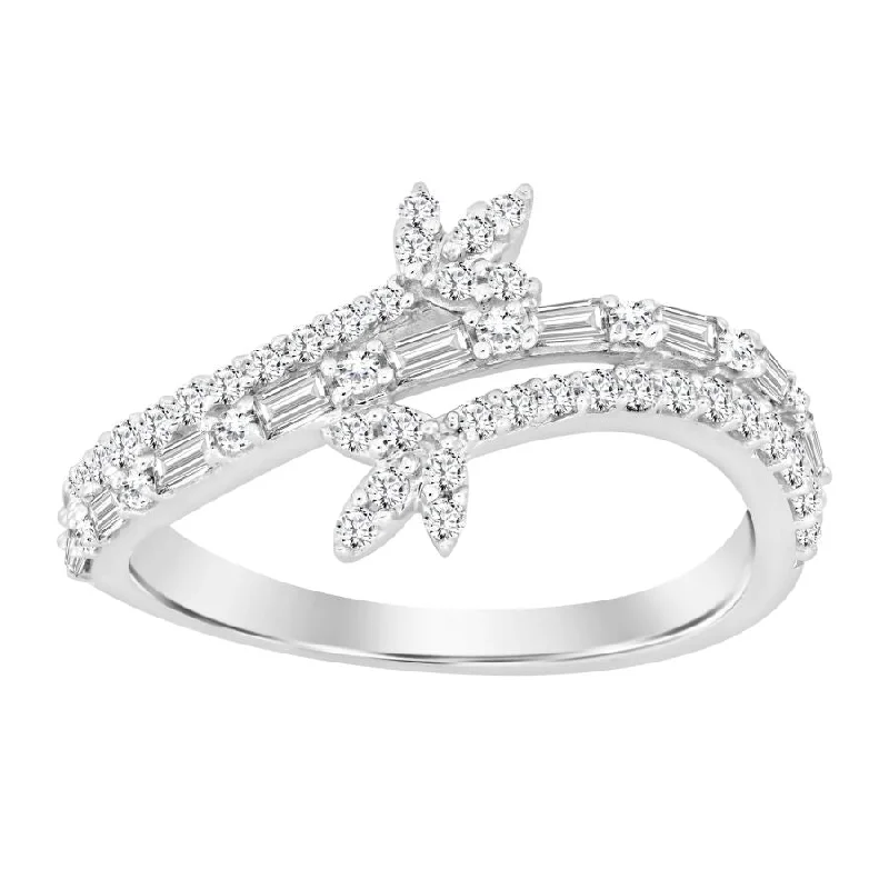 Women’s geometric ring-LADIES RING 0.50CT ROUND/BAGUETTE DIAMOND 10K WHITE GOLD