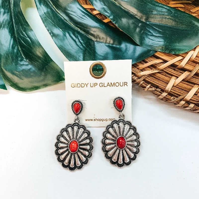 Women’s elegant gemstone earrings-Western Concho Tone Stone Earrings in Red