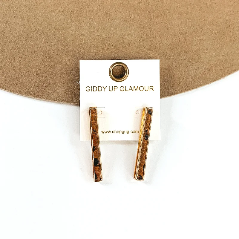 Women’s cuff earrings-Rectangle Bar Earrings with Brown Animal Print Inlay in Gold