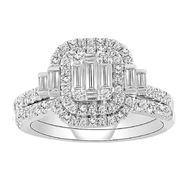 Women’s engraved ring-LADIES RING 1.00CT ROUND/BAGUETTE DIAMOND 14K WHITE GOLD