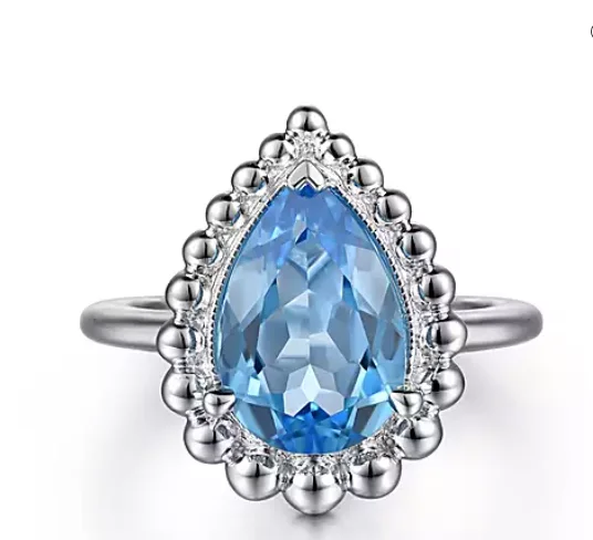 Women’s pearl ring-925 Sterling Silver Swiss Blue Topaz Bujukan Pear Shape Ring With Pattern