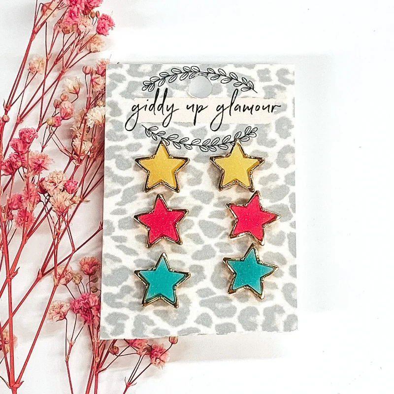 Women’s trendy hoop earrings-Multicolored Druzy Star Earring Set