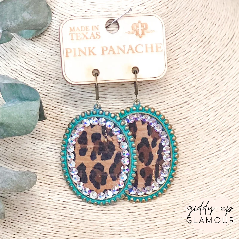 Women’s floral earrings-Pink Panache | Turquoise Oval Earrings with Leopard Print Inlay and AB Crystals