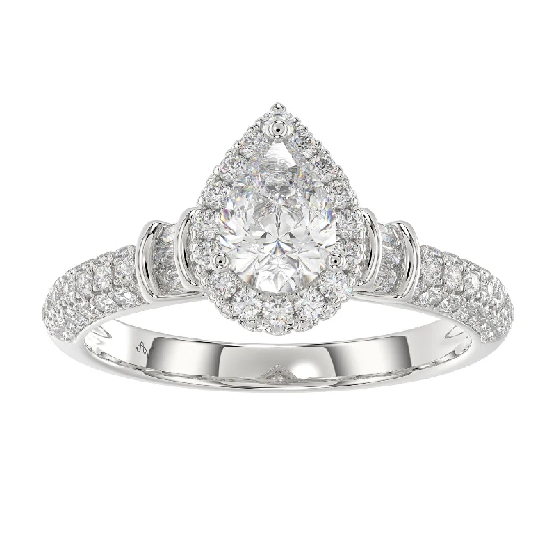 Women’s stackable silver rings-LADIES RING 1.25CT PEAR/BAGUETTE ROUND DIAMOND 14K WHITE GOLD