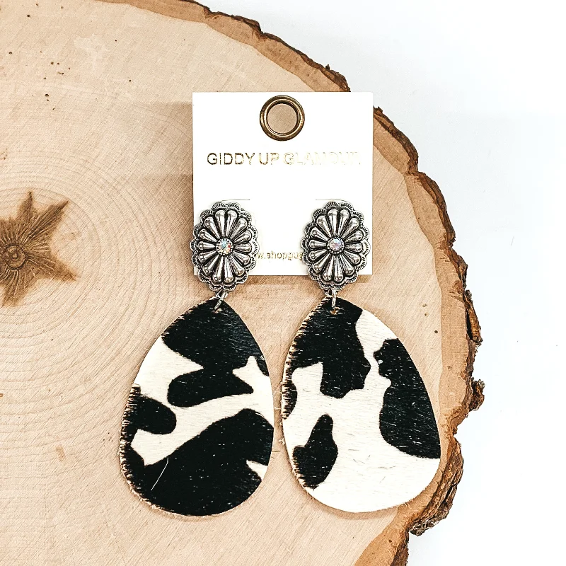 Women’s gold stud earrings-Silver Tone Concho Stud Earrings with Hanging Teardrop in Black Cow Print