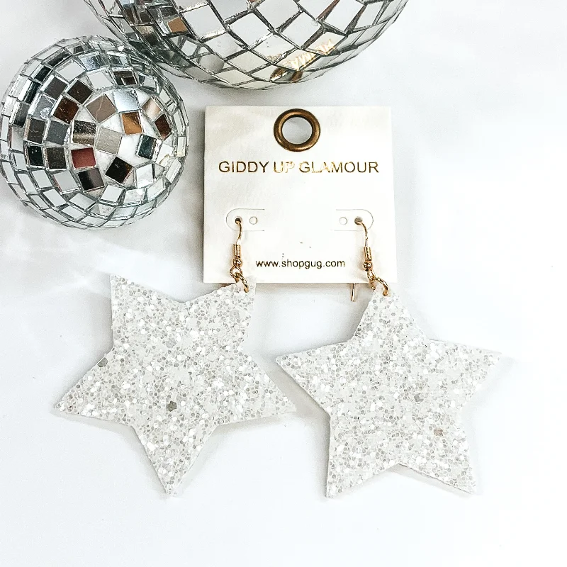 Women’s gold hoop earrings-Glitter Star Earrings in White