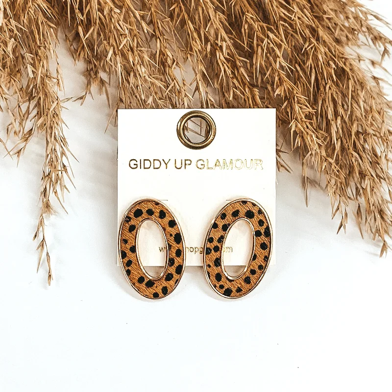 Women’s hoop stud earrings-Gold Open Oval Post Earrings in Brown Dotted Print