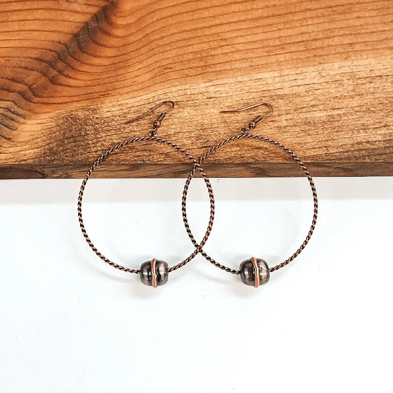 Women’s luxurious earrings-Copper Tone Twisted Circle Drop Earrings with Single Copper Tone Bead