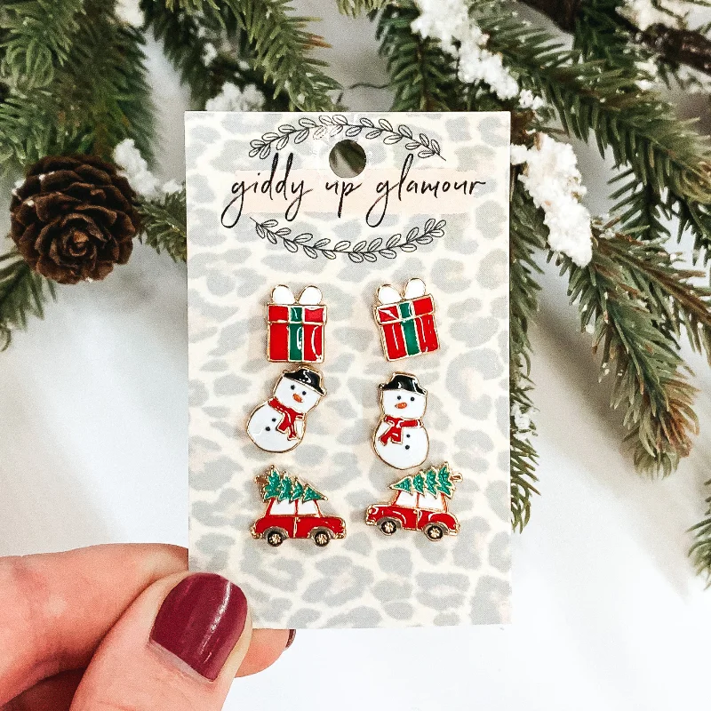 Women’s unique diamond earrings-Snowman Christmas Earring Set