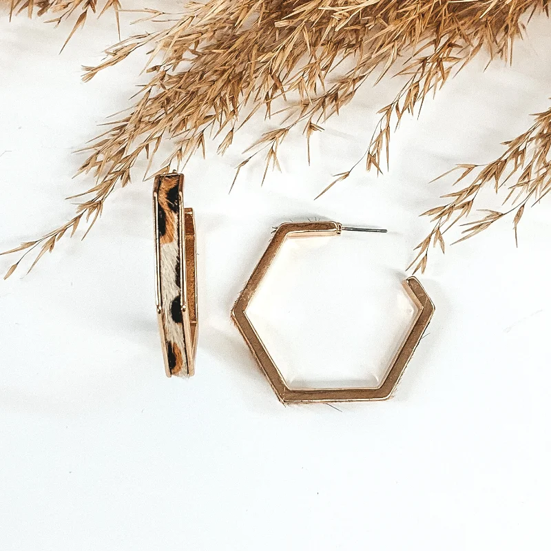 Women’s gemstone stud earrings-Gold Hexagon Hoops with Cow Hide Inlay in White Leopard Print