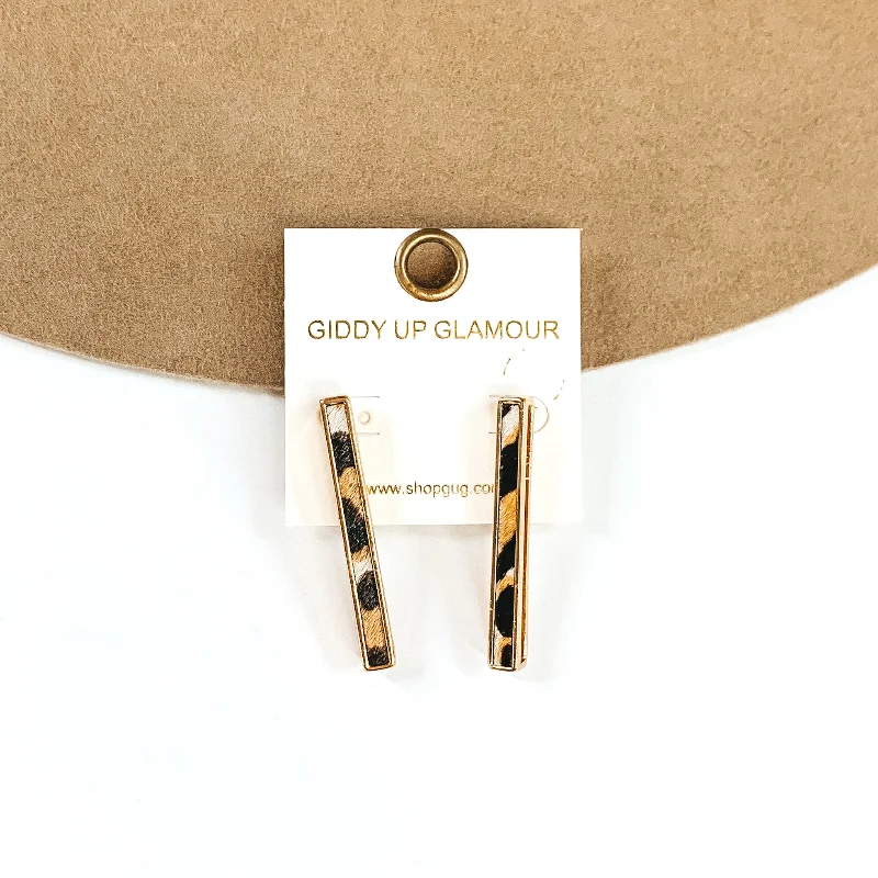 Women’s glamorous earrings-Rectangle Bar Earrings with White Animal Print Inlay in Gold