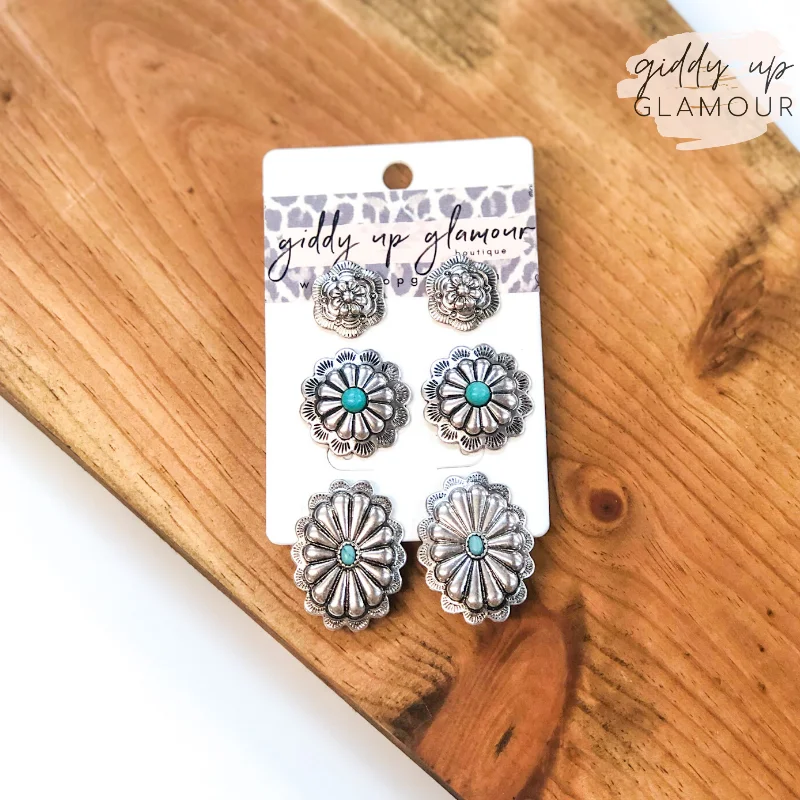 Women’s colorful earrings-Set of Three | Concho Earring Set with Turquoise Stones in Silver