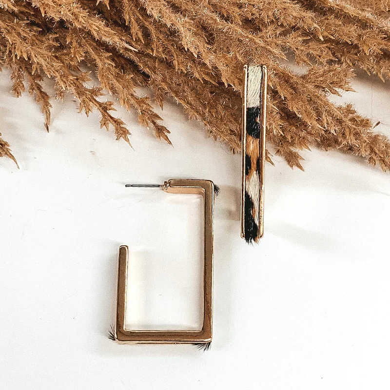 Women’s simple stud earrings-Gold Rectangle Hoops with Cow Hide Inlay in White Leopard Print