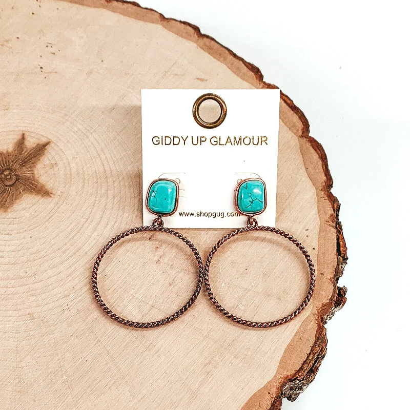 Women’s geometric earrings-Soulful Look Circle Drop and Stone Post Copper Tone Earrings in Turquoise