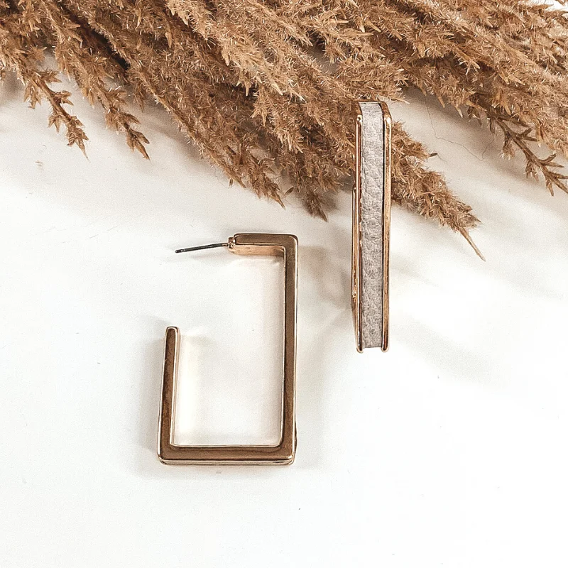 Women’s holiday earrings-Gold Rectangle Hoops with Leather Inlay in Grey