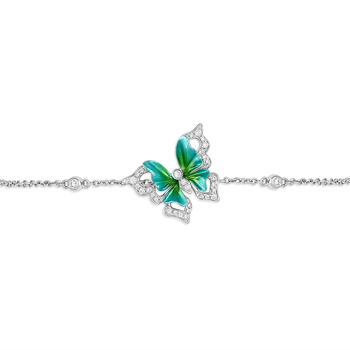 Women’s charm bracelet-18K White Gold Green Butterfly Diamond Adjustable Bracelet