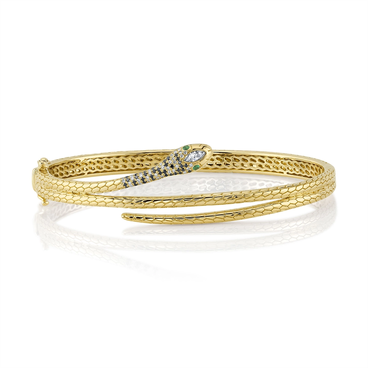 Women’s fashionable bracelet-14K Yellow Gold Diamond and Emerald Snake Bangle Bracelet