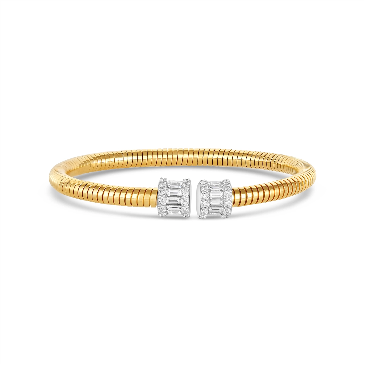 Women’s silver stackable bracelet-18K Yellow Gold Flexible Cuff Bracelet with White Gold Diamond Ends