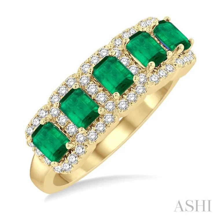 Women’s engagement ring with sapphire side stones-4x3 MM Emerald Shape Emerald and 1/2 ctw Round Cut Diamond Precious Wedding Band in 14K Yellow Gold